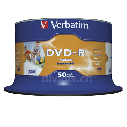 50 DVD-R Verbatim, 16X, 4.7 GB, Photo bedruckbar, weiss, ohne ID